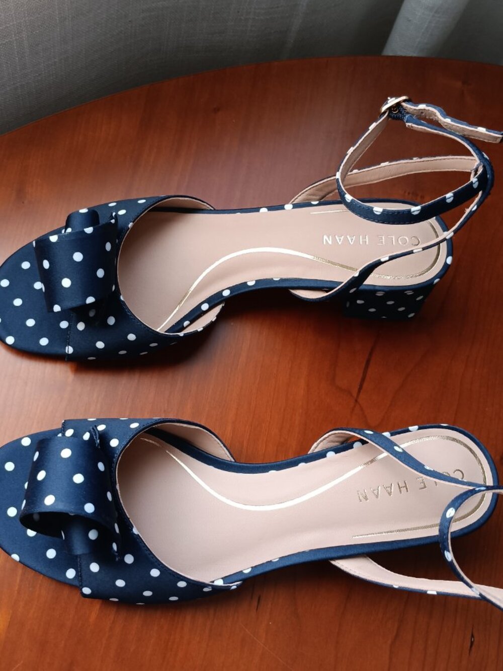 NWT Cole Haan Florette Navy & White Polka Dot Ankle Strap Block Heel Sandal - Picture 3 of 9